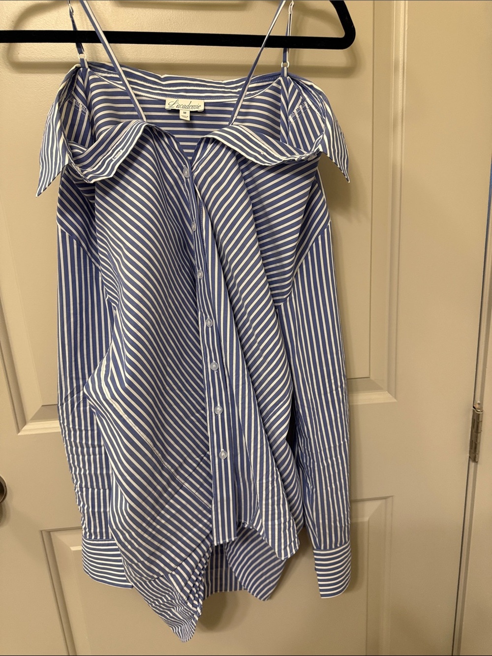 L'Academie Blue & White Striped Cold-Shoulder Button-Down Top